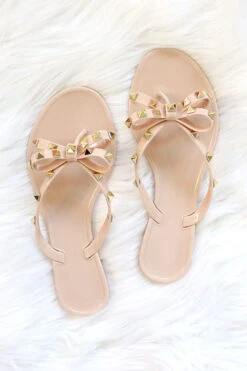 FLASH DEAL: Studded Bow Flip Flops Jelly Sandals-Nude Beige (Size 6)