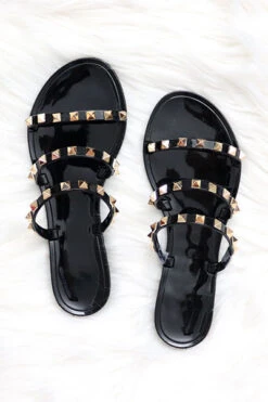 Studded Straps Jelly Flats Sandals-Black