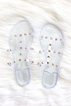 FLASH DEAL: Strappy Studded Flip Flops Jelly Sandals-Clear (Size 6)