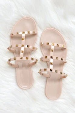 Strappy Studded Flip Flops Jelly Sandals-Nude Beige