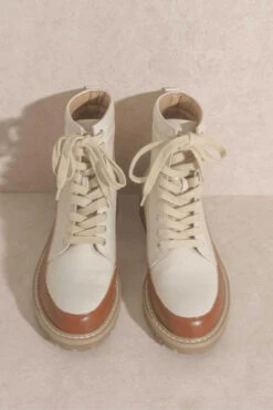 Two Tone Hiking Combat Boots With Lug Sole-Beige And Brown -Outlet Shiny Steps Store alissa 27 beige2