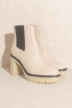 Chunky Heel Lug Sole Ankle Boots-Beige Black