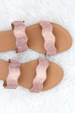 Wavy Rhinestone Two Band Sandals Slides-Rose Gold -Outlet Shiny Steps Store archer 713 rosegold2