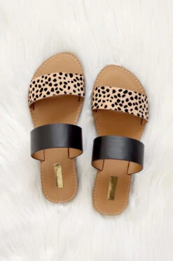 Animal Print Mixed Two Strap Band Sandals-Black & Leopard Print