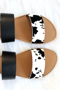 FLASH DEAL: Animal Print Mixed Two Strap Band Sandals-Black And White Cow Print (Size 6) -Outlet Shiny Steps Store athena 1076axx whiteblack calf2