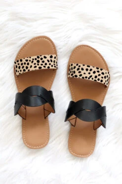 FLASH DEAL: Twisted Animal Print Mixed Two Strap Band Sandals-Black And Leopard Print (Size 8.5)