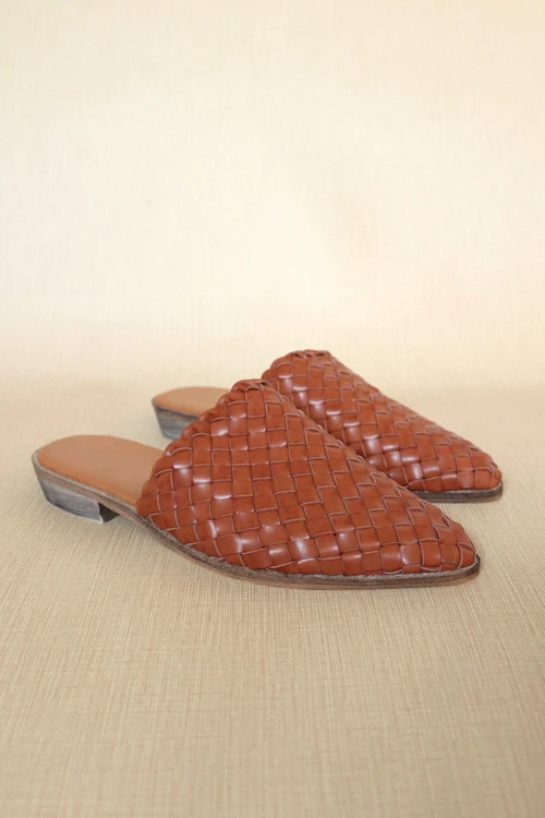 Woven Pointy Toe Closed Toe Flat Mules Slides-Camel Brown 1 Woven Pointy Toe Closed Toe Flat Mules Slides-Camel Brown