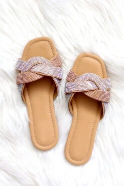 Rhinestone Twisted Band Sandals Slides-Rose Gold Clear -Outlet Shiny Steps Store cabbanna 01 champagneclear1