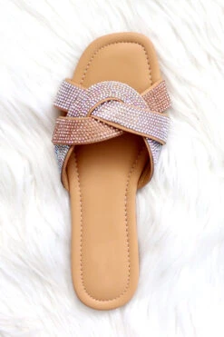 Rhinestone Twisted Band Sandals Slides-Rose Gold Clear -Outlet Shiny Steps Store cabbanna 01 champagneclear3