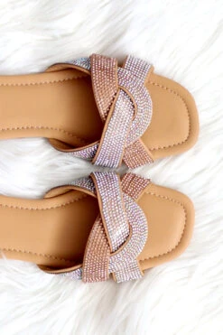 Rhinestone Twisted Band Sandals Slides-Rose Gold Clear -Outlet Shiny Steps Store cabbanna 01 champagneclear4