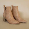 Pointy Toe Faux Leather Zipper Ankle Booties-Camel Brown