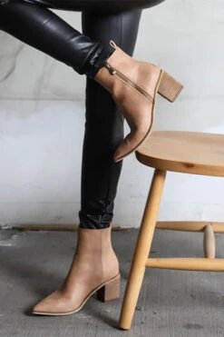 Pointy Toe Faux Leather Zipper Ankle Booties-Camel Brown -Outlet Shiny Steps Store cindy camel3