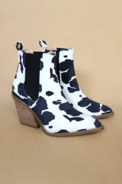 New Release 3 Tall Ankle Booties With Side Elastic And Stacked Heel-Black And White Cow Print