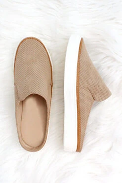 Open Back Perforated Casual Slip On Flat Sneakers Shoes-Oatmeal Nude Beige