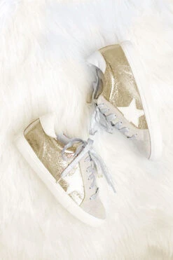 Outlet Shiny Steps Store 15 Metallic Lace Up Low Top Star Sneakers-Gold