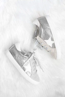 FLASH DEAL: Metallic Lace Up Low Top Star Sneakers-Silver (Size 11)