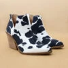Faux Suede Pointy Toe Side Cutout Booties-Black And White Cow Print