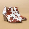 Faux Suede Pointy Toe Side Cutout Booties-Brown And White Cow Print