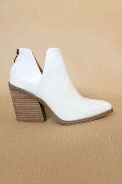 Faux Leather Pointy Toe Side Cutout Booties-White Croc -Outlet Shiny Steps Store dean crococream2