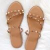 Strappy Studded Sandals With Diagonal Straps-Camel Brown