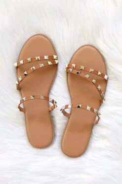 Strappy Studded Sandals With Diagonal Straps-Camel Brown