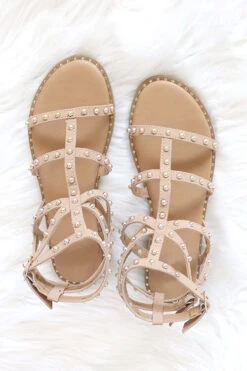 Strappy Studded Sandals With Vertical And Ankle Strap And Studded Sole-Taupe