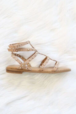 Strappy Studded Sandals With Vertical And Ankle Strap And Studded Sole-Taupe -Outlet Shiny Steps Store ding 21 taupe3