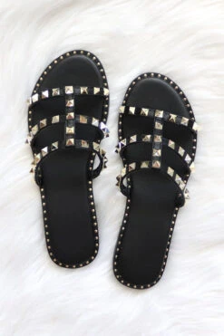 Strappy Studded Sandals With Vertical Strap And Gold Trim-Black