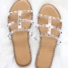 Strappy Studded Sandals With Vertical Strap And Gold Trim-Tan & Clear