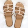 Strappy Studded Sandals With Vertical Strap And Gold Trim-Taupe