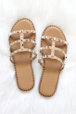 Strappy Studded Sandals With Vertical Strap And Gold Trim-Taupe
