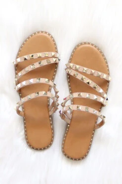 Strappy Studded Sandals With Diagonal Straps And Gold Trim-Taupe