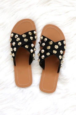 Cross Band X Strap Studded Sandals-Black