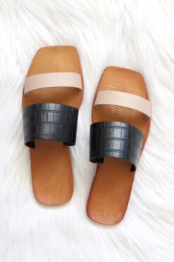 Mixed Two Strap Band Sandals-Nude And Black