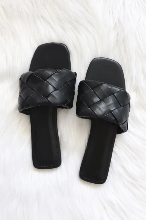 Woven Single Band Slides Sandals-Black 1 Woven Single Band Slides Sandals-Black