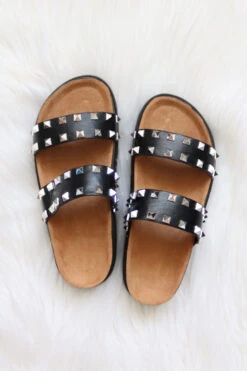 Studded Double Strap Platform Sandals Slides-Black