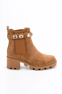 Rhinestone Ankle Chelsea Boots With Lug Sole Chunky Heel-Brown