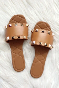 Studded Single Band Sandals Slides-Tan Brown