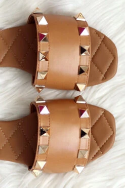 Studded Single Band Sandals Slides-Tan Brown -Outlet Shiny Steps Store hazy 181 tan3