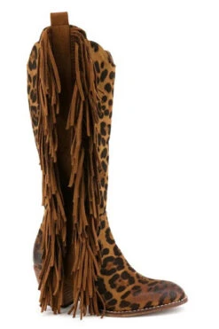 Western Closed Toe Faux Suede Tall Boots With Side Fringe-Leopard Print