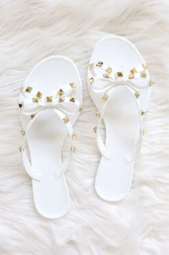 Studded Bow Flip Flops Jelly Sandals-White