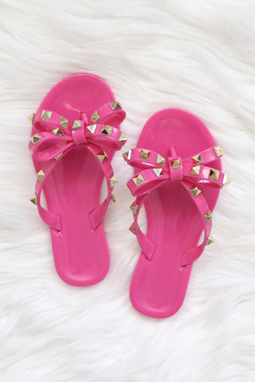 KIDS Girls Studded Bow Flip Flops Jelly Sandals-Fuschia Hot PInk 1 KIDS Girls Studded Bow Flip Flops Jelly Sandals-Fuschia Hot PInk