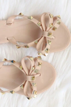 KIDS Girls Studded Bow Flip Flops Jelly Sandals-Nude Beige -Outlet Shiny Steps Store jelly 12k nude2