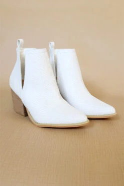 Stacked Heel Low Heel Ankle V-Slit Side Cutout Closed Toe Booties -Snake White