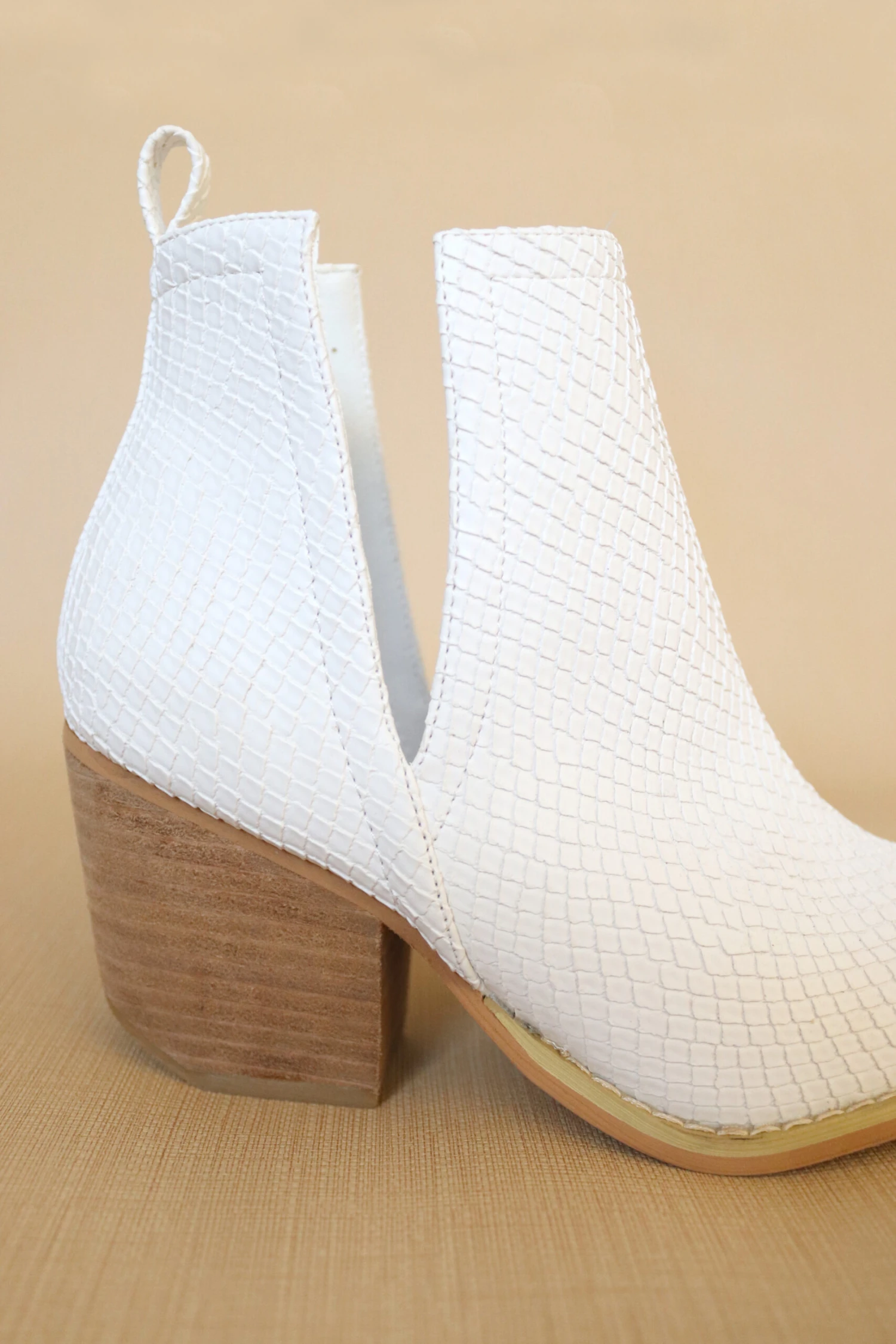 Stacked Heel Low Heel Ankle V-Slit Side Cutout Closed Toe Booties -Snake White 2 Stacked Heel Low Heel Ankle V-Slit Side Cutout Closed Toe Booties -Snake White - Image 2