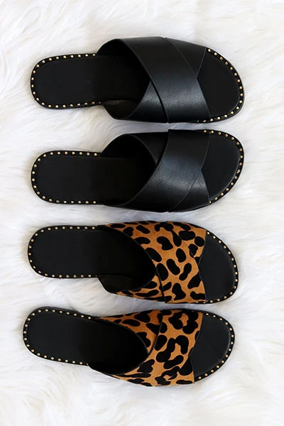 Animal Print X Cross Band Gold Trim Sandals Slides-Leopard Print 4 Animal Print X Cross Band Gold Trim Sandals Slides-Leopard Print - Image 4