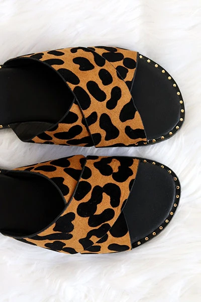 Animal Print X Cross Band Gold Trim Sandals Slides-Leopard Print 2 Animal Print X Cross Band Gold Trim Sandals Slides-Leopard Print - Image 2