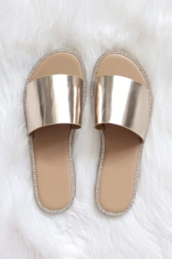 Rhinestone Trim Single Band Sandals Slides-Champagne Gold -Outlet Shiny Steps Store kazen 35x champagne2