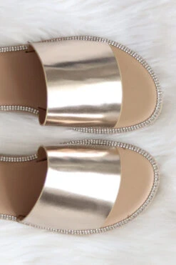 Rhinestone Trim Single Band Sandals Slides-Champagne Gold -Outlet Shiny Steps Store kazen 35x champagne3