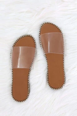 FLASH DEAL: Single Band Gold Trim Sandals Slides-Clear (Size 8.5)